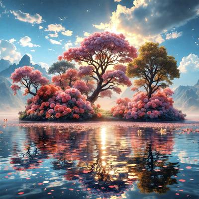 The primary subject of the image is a beautiful landscape featuring a serene lake surrounded by a forest of trees. The setting includes a mountainous background, adding to the picturesque scene. The visual style of the image is a digital art or illustration, creating a vibrant and lively atmosphere. The dominant colors in the scene are pink, red, and yellow, which contribute to the overall mood of the image, evoking feelings of warmth, love, and tranquility.